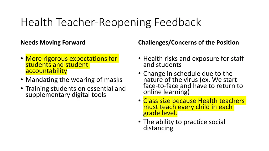 health teacher reopening feedback