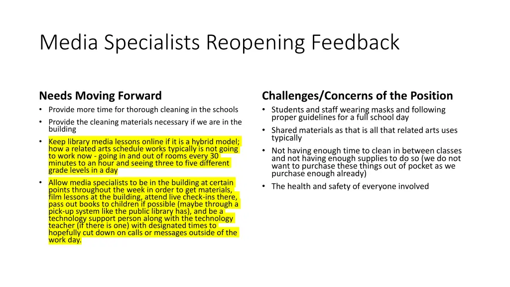 media specialists reopening feedback