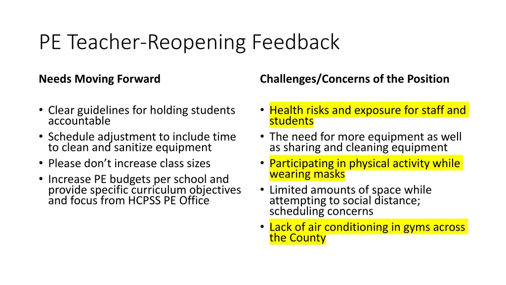 pe teacher reopening feedback