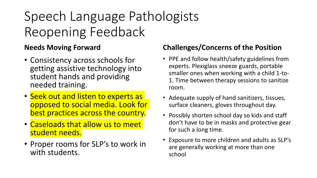 speech language pathologists reopening feedback