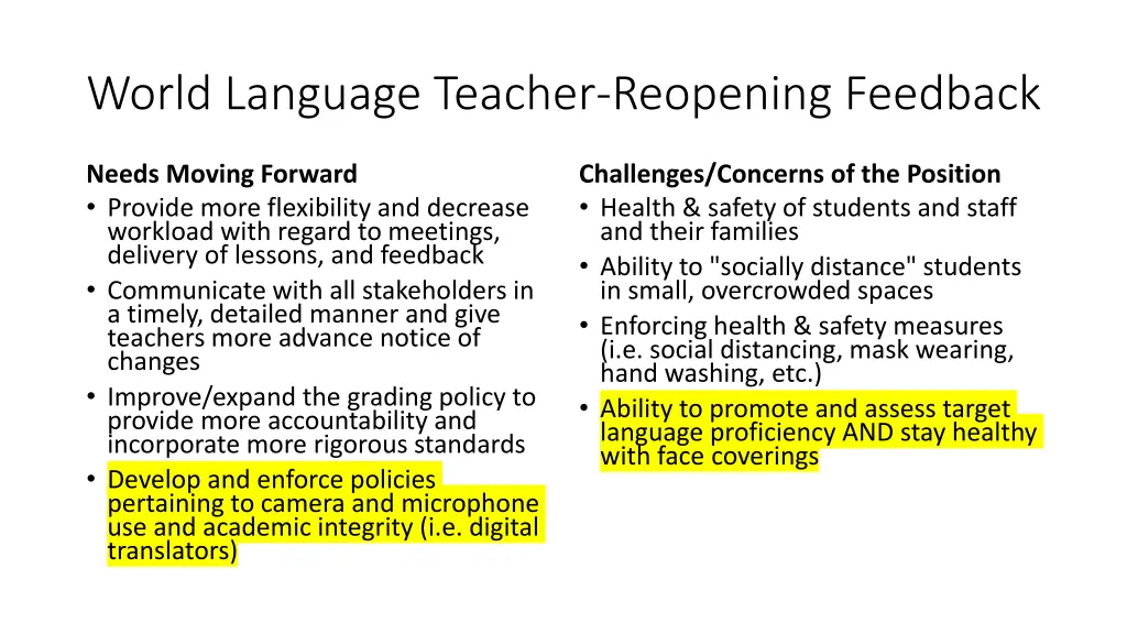 world language teacher reopening feedback
