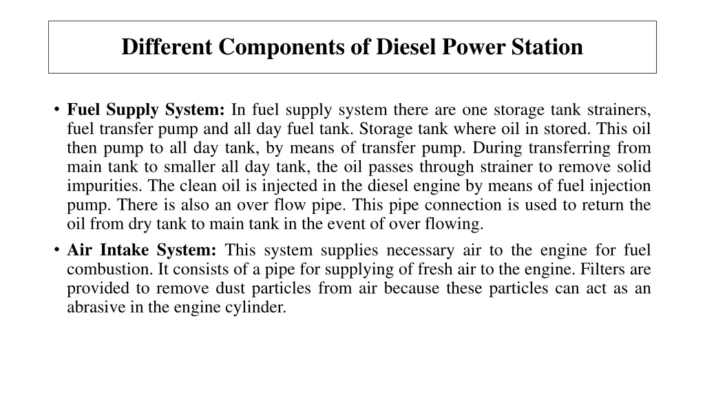 different components of diesel power station