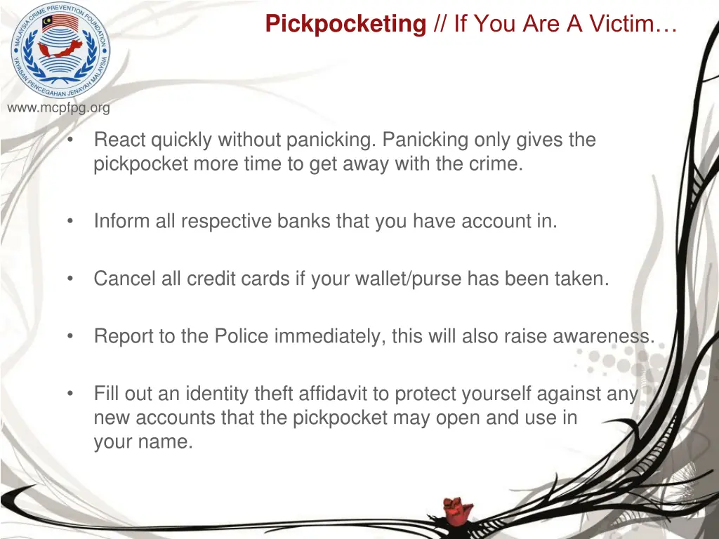 pickpocketing if you are a victim