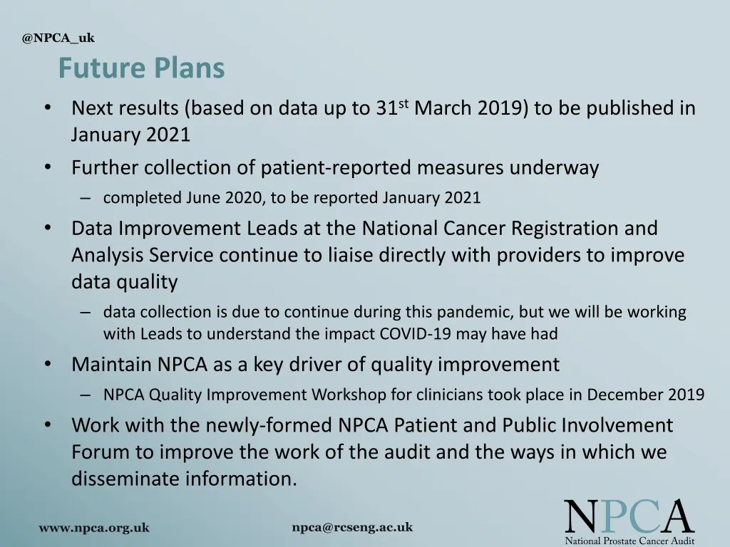 @npca uk future plans next results based on data
