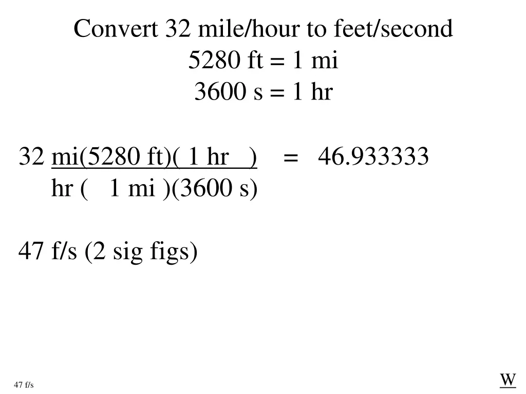 convert 32 mile hour to feet second 5280
