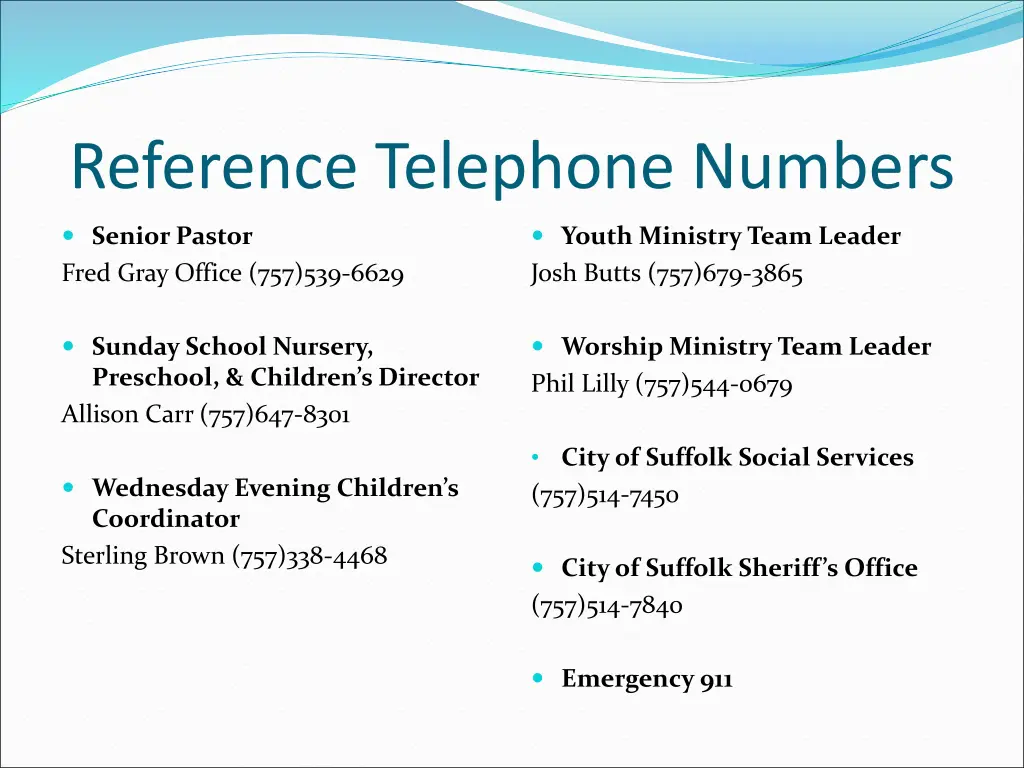 reference telephone numbers