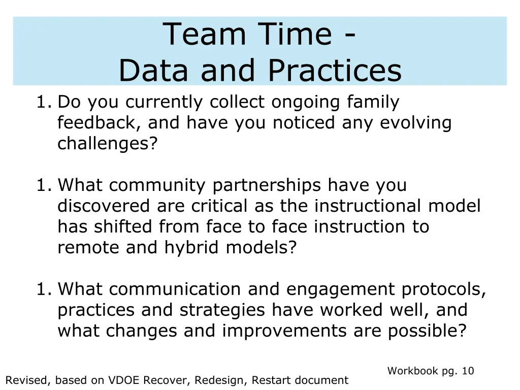 team time data and practices