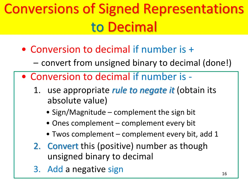 conversions of signed representations to decimal