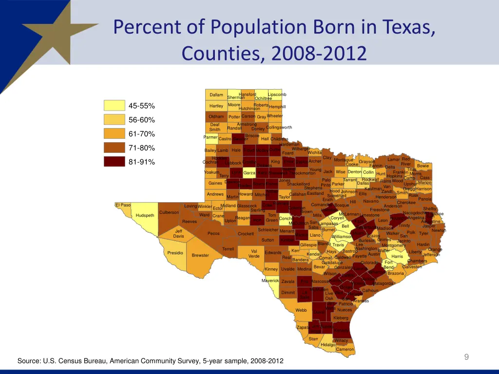 percent of population born in texas counties 2008