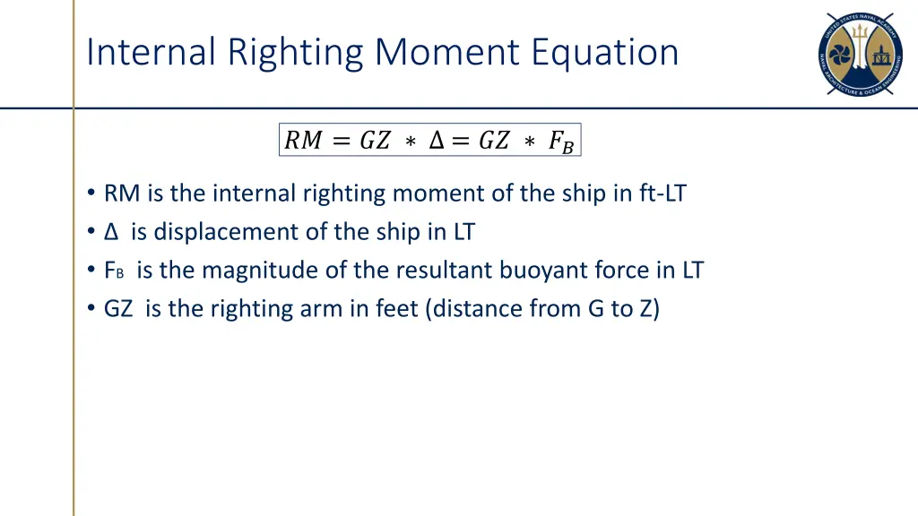 internal righting moment equation