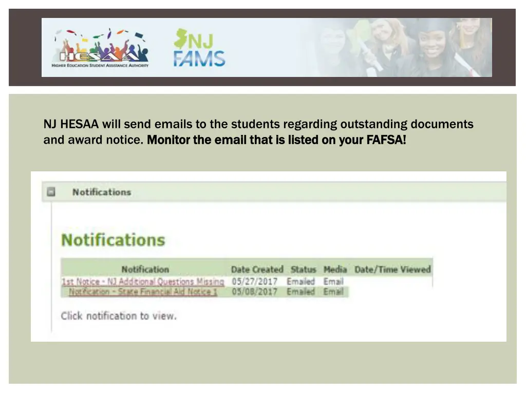 nj hesaa will send emails to the students