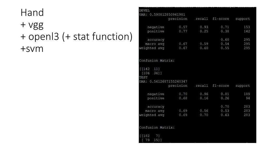 hand vgg openl3 stat function svm