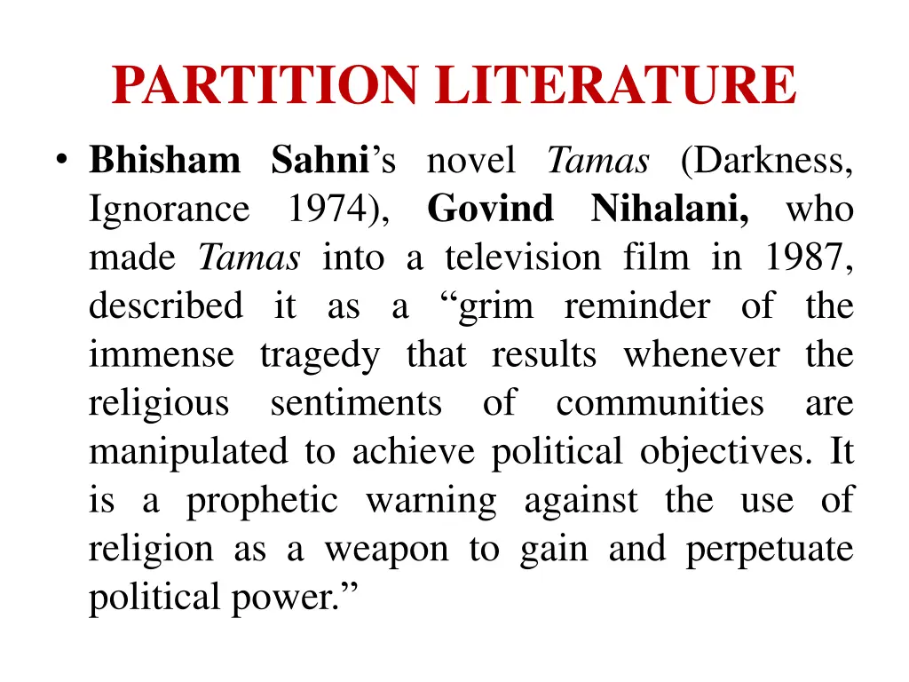 partition literature bhisham sahni s novel tamas