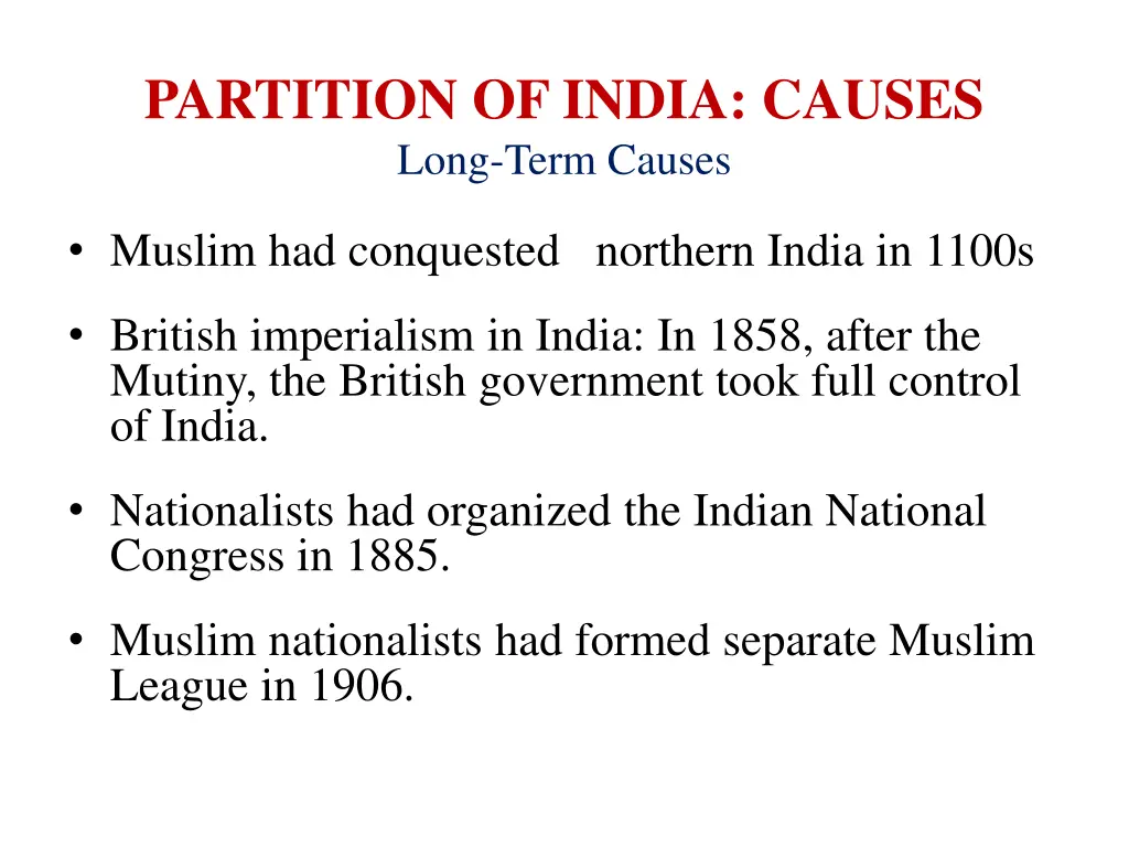 partition of india causes long term causes