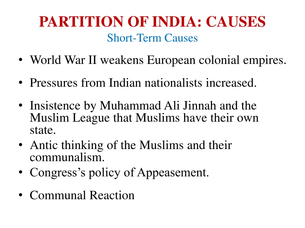 partition of india causes short term causes