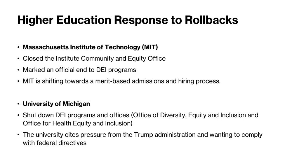 higher education response to rollbacks