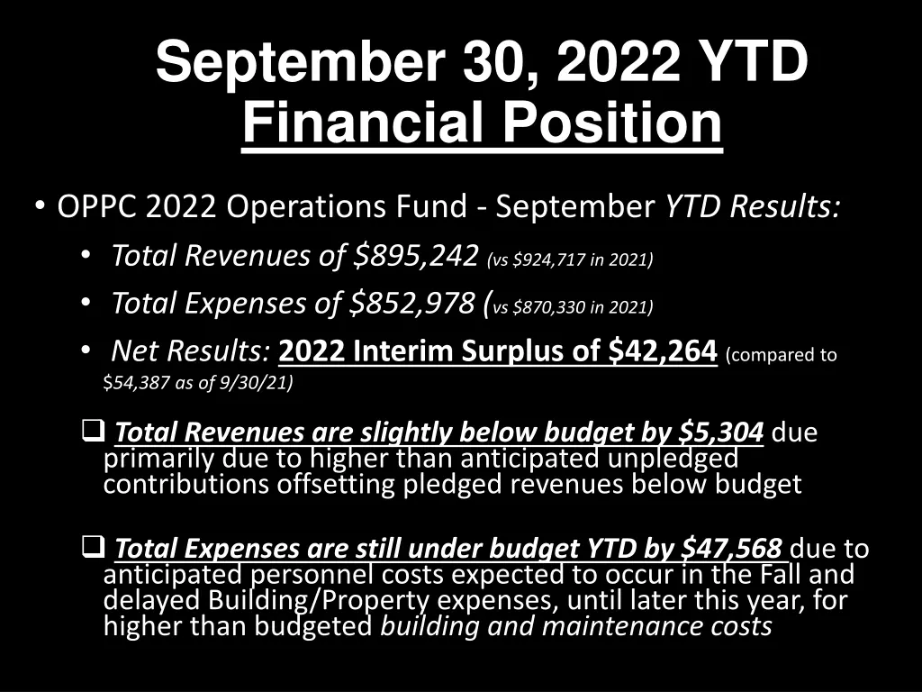 september 30 2022 ytd financial position