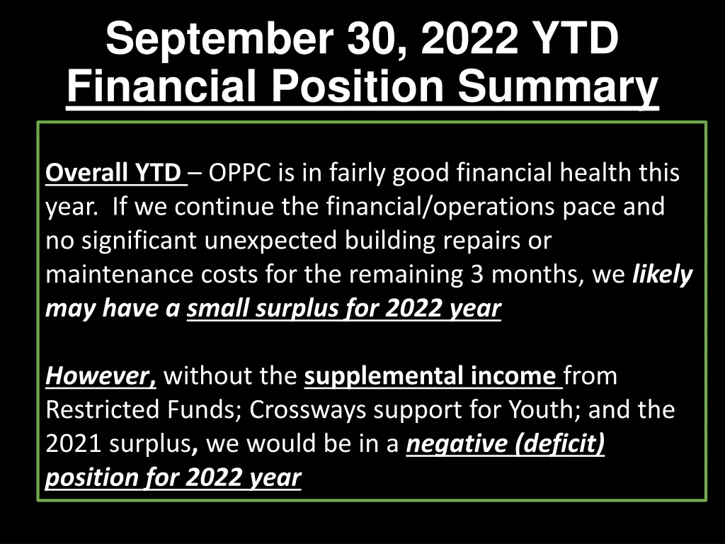 september 30 2022 ytd financial position summary