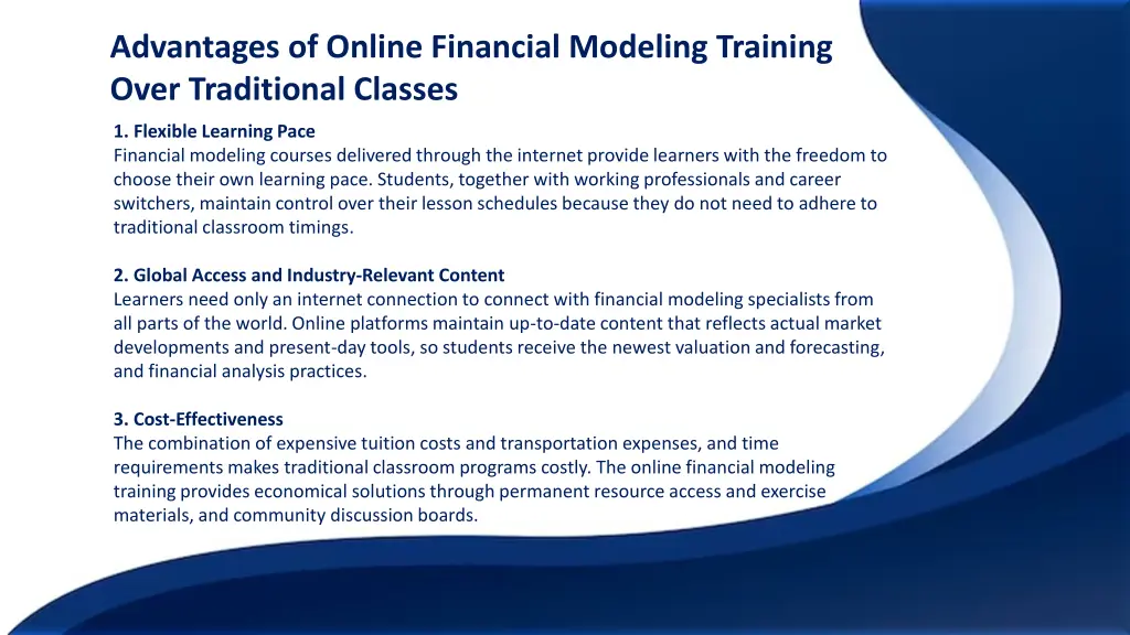 advantages of online financial modeling training