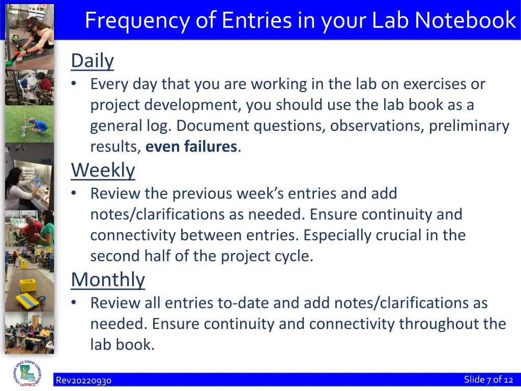 frequency of entries in your lab notebook