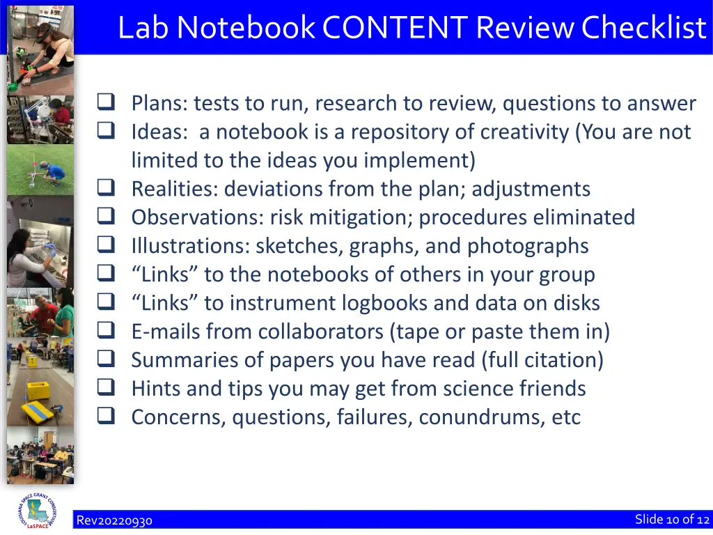 lab notebook content review checklist