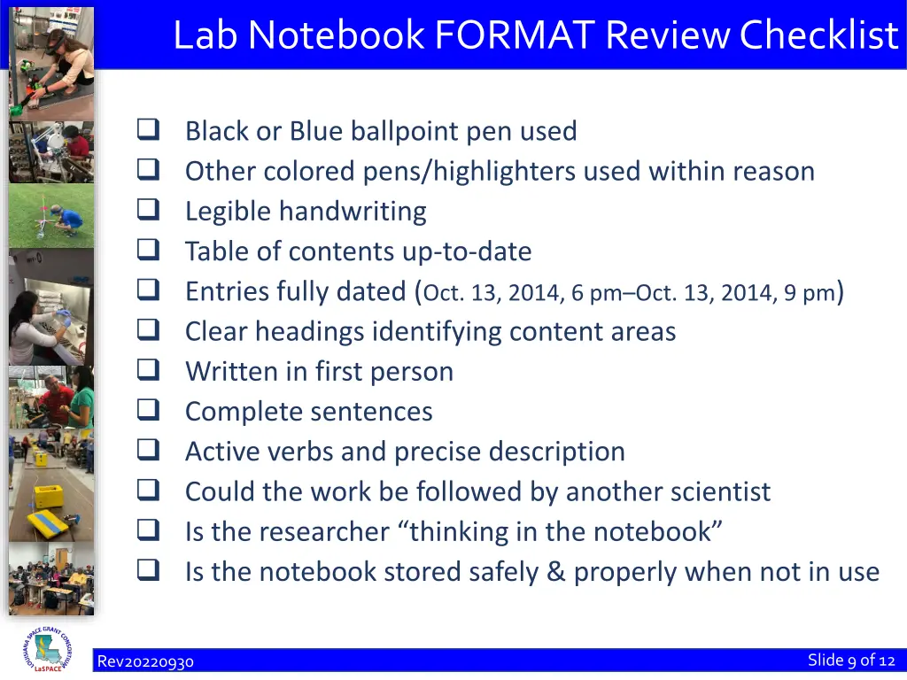 lab notebook format review checklist