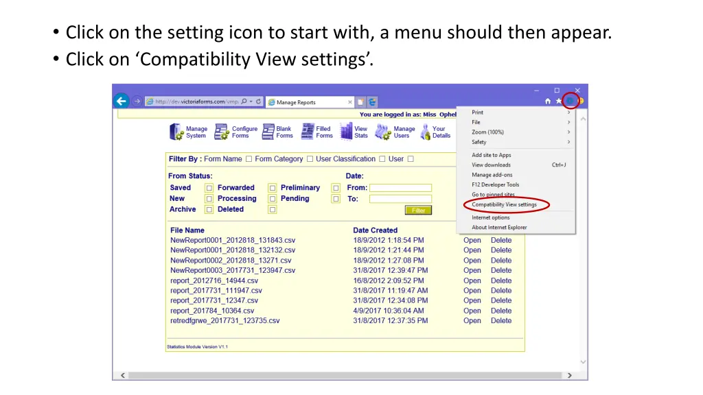 click on the setting icon to start with a menu