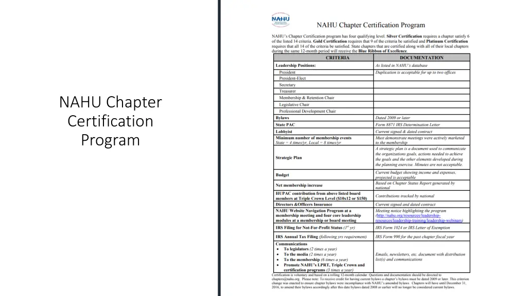 nahu chapter certification program