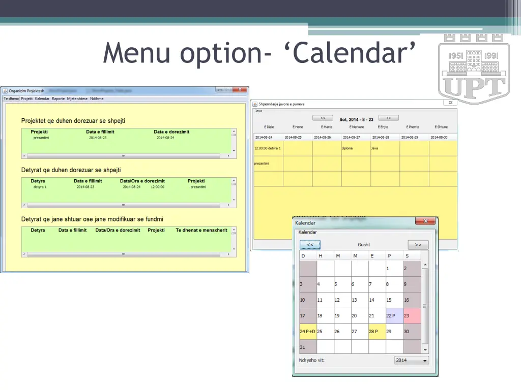 menu option calendar