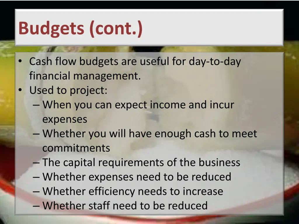 budgets cont