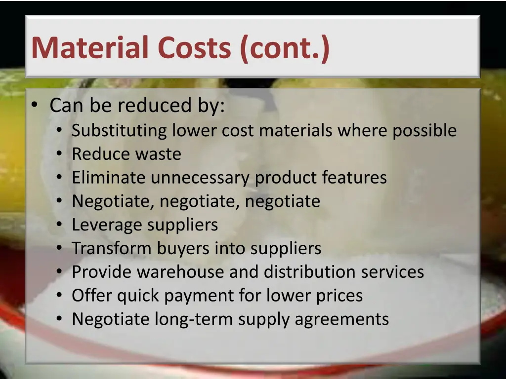 material costs cont