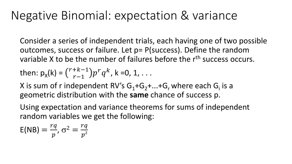 negative binomial expectation variance