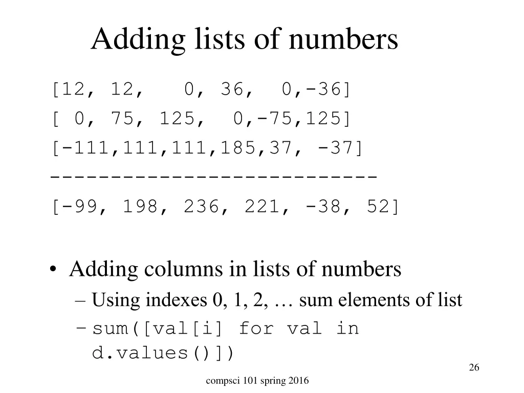 adding lists of numbers