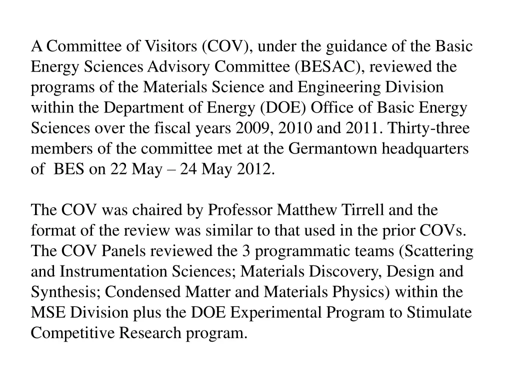 a committee of visitors cov under the guidance