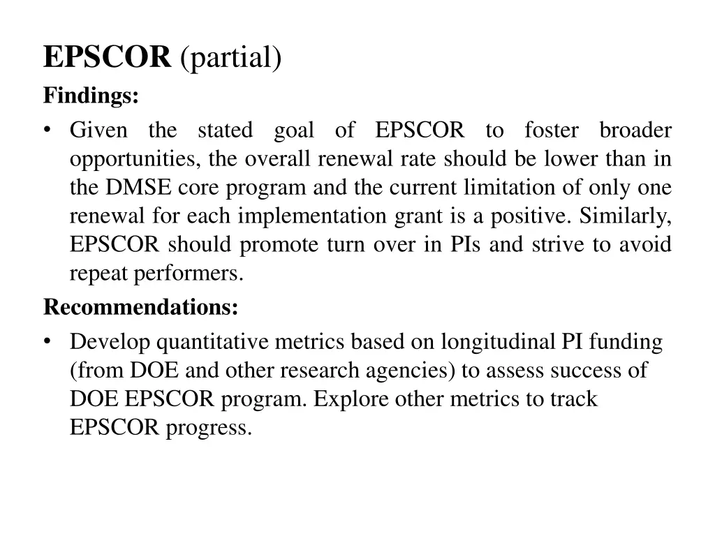 epscor partial findings given the stated goal