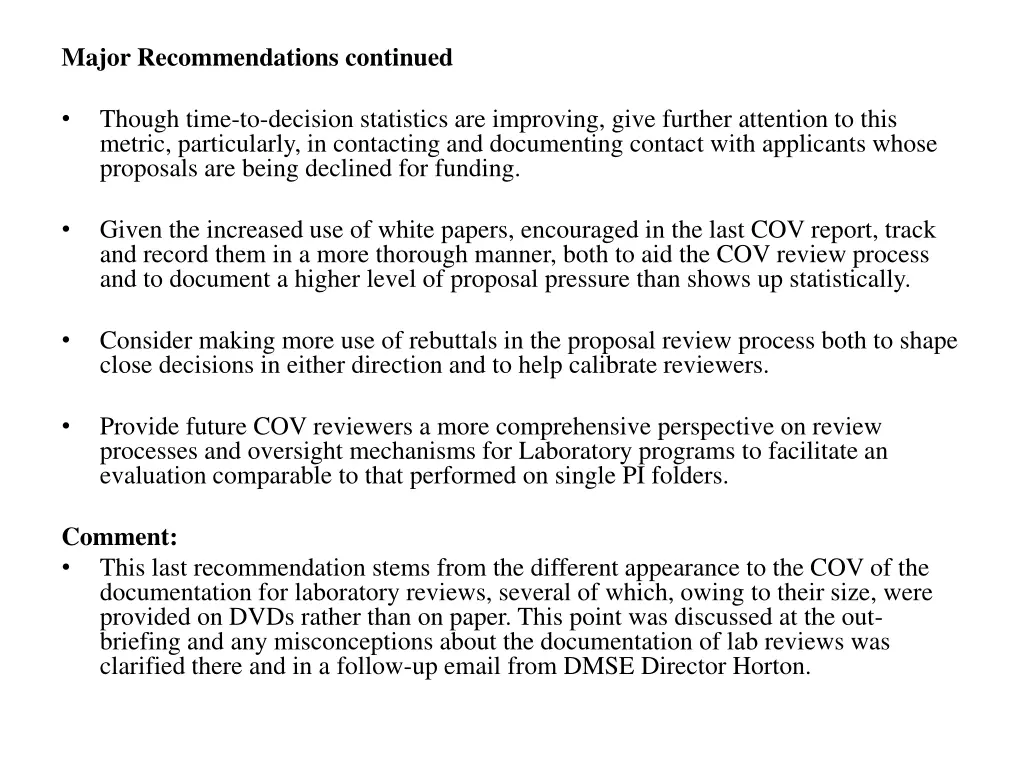 major recommendations continued