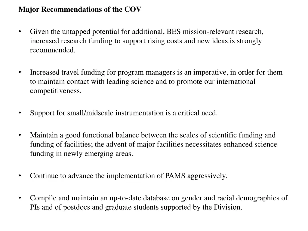 major recommendations of the cov