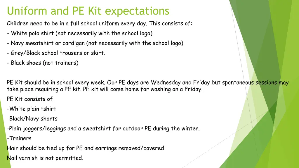 uniform and pe kit expectations children need