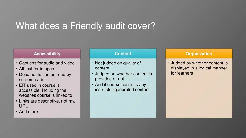 what does a friendly audit cover