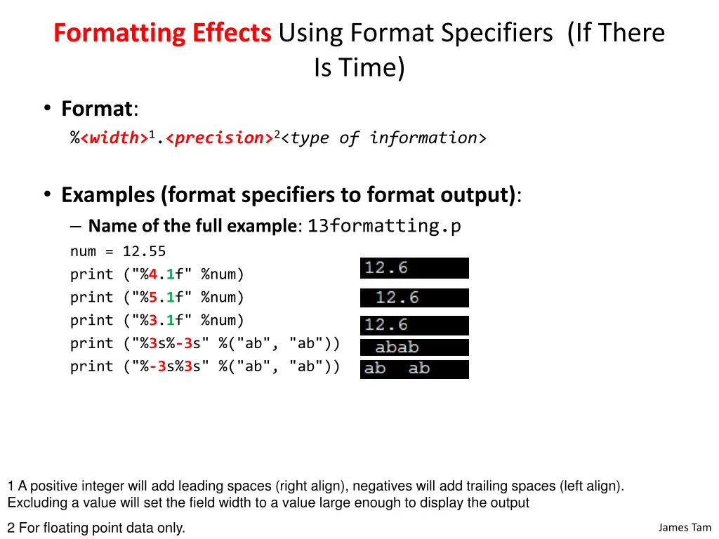 formatting effects using format specifiers