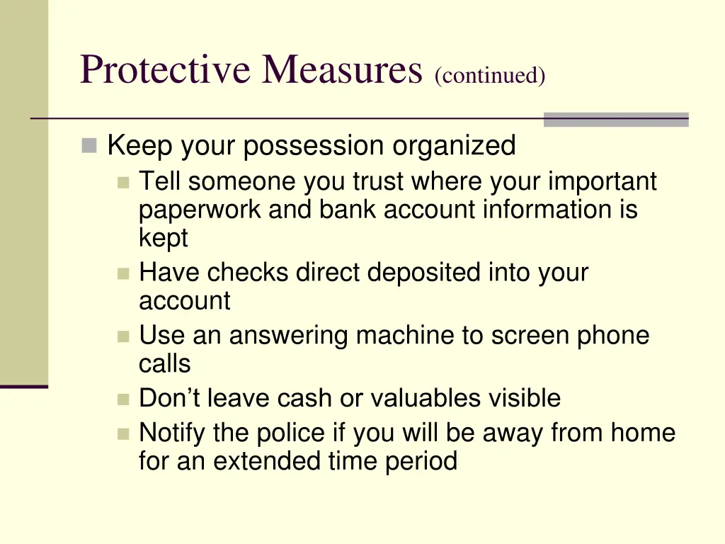 protective measures continued