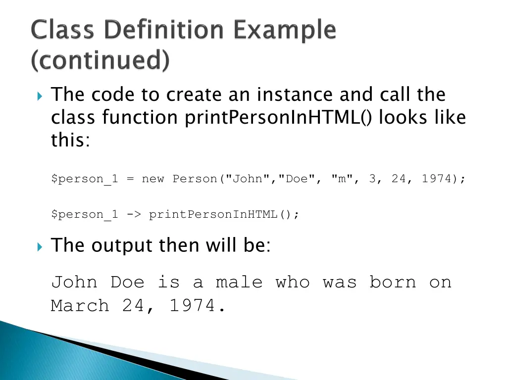 the code to create an instance and call the class