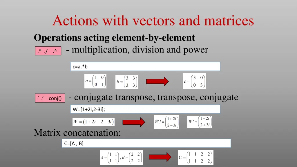 actions with vectors and matrices operations