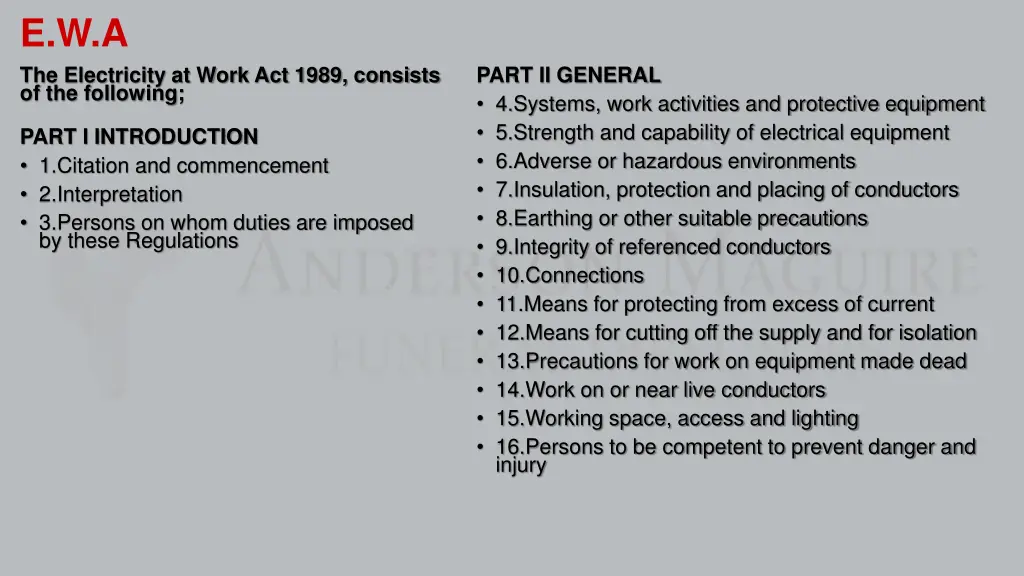 e w a the electricity at work act 1989 consists