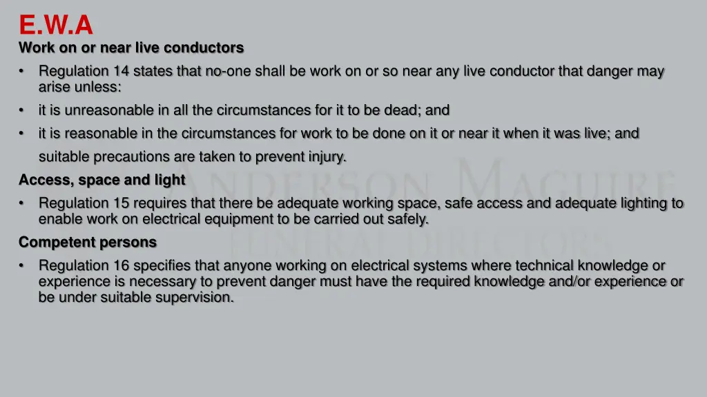 e w a work on or near live conductors regulation