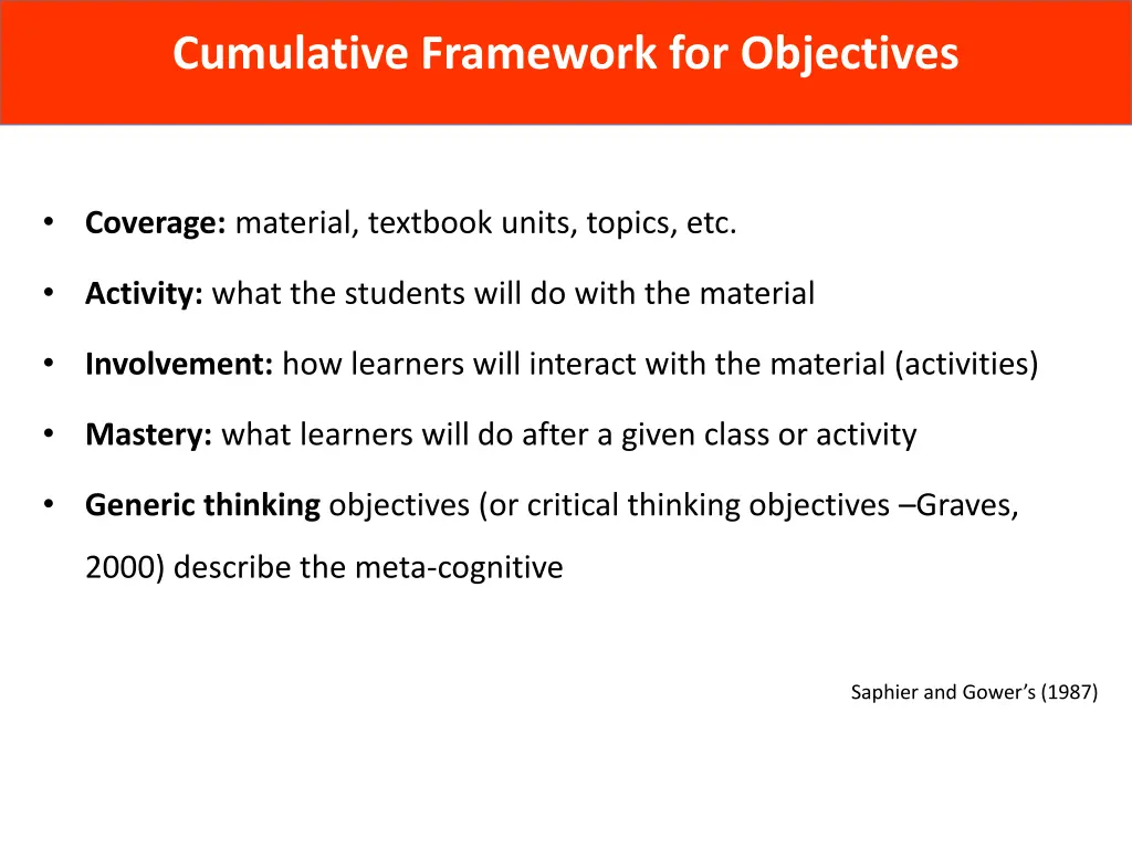 cumulative framework for objectives