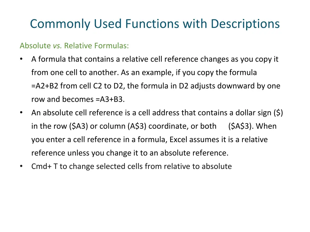 commonly used functions with descriptions