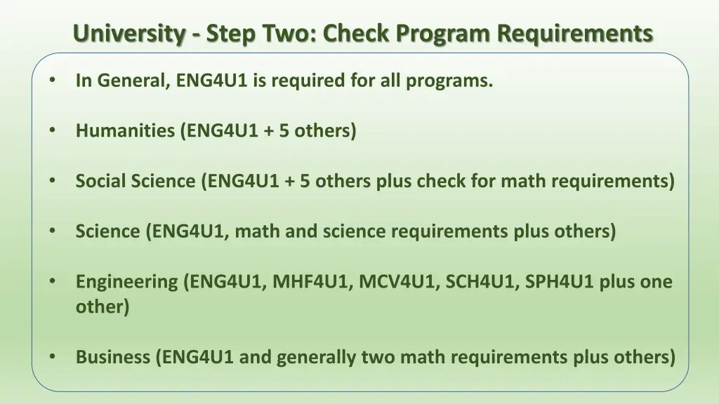 university step two check program requirements