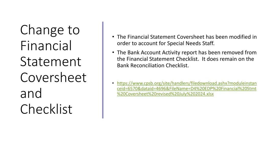 change to financial statement coversheet