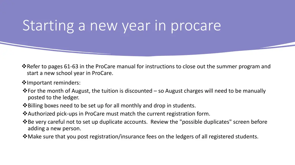 starting a new year in procare
